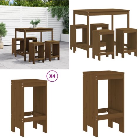 Mesa y taburetes altos de jardín 5 pzas madera pino marrón miel - Taburetes de jardín - Muebles de exterior