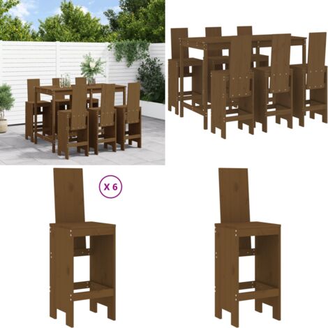 Mesa y taburetes altos de jardín 7 pzas madera pino marrón miel - Taburetes de jardín - Mesa y taburetes