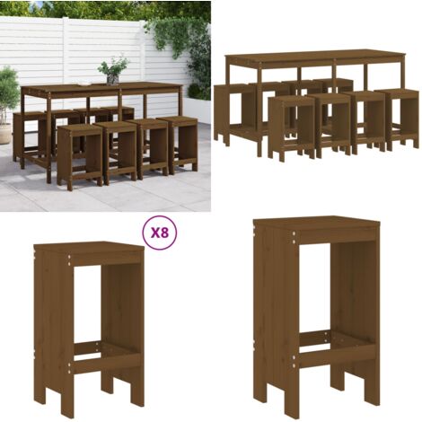 Mesa y taburetes altos de jardín 9 pzas madera pino marrón miel - Taburetes de jardín - Mesa y taburetes