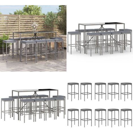 Mesa y taburetes altos jardín 11 piezas y cojines ratán PE gris - Taburete alto - Bar de jardín