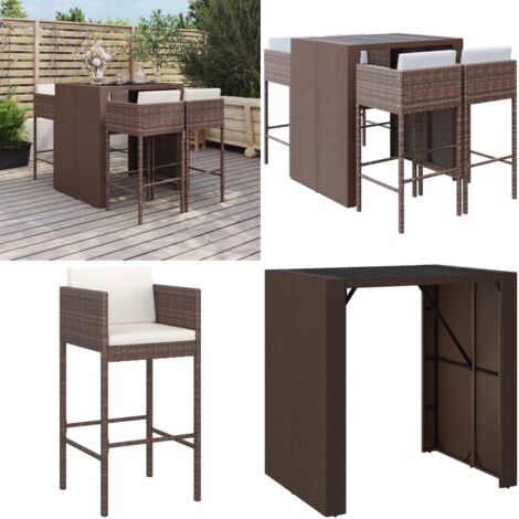 Mesa y taburetes altos jardín 5 pzas y cojines ratán PE marrón - Taburete de bar - Cojín de asiento