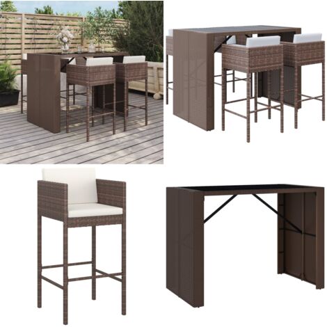Mesa y taburetes altos jardín 5 pzas y cojines ratán PE marrón - Taburete de bar - Cojín de asiento