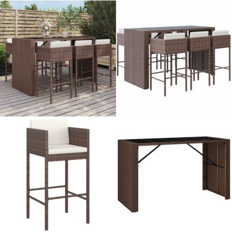 Mesa y taburetes altos jardín 7 pzas y cojines ratán PE marrón - Taburete de bar - Cojín de asiento