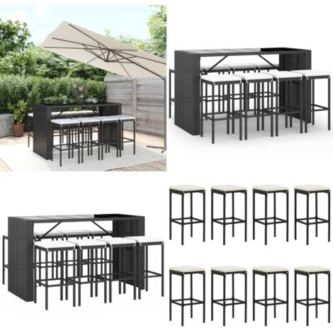 Mesa y taburetes altos jardín 9 piezas y cojines ratán PE negro - Taburete alto - Ratán sintético