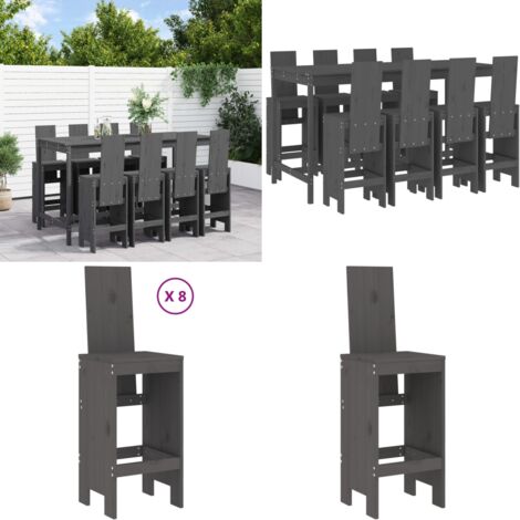 Mesa y taburetes altos jardín 9 pzas madera maciza de pino gris - Mesa de jardín - Taburetes de madera