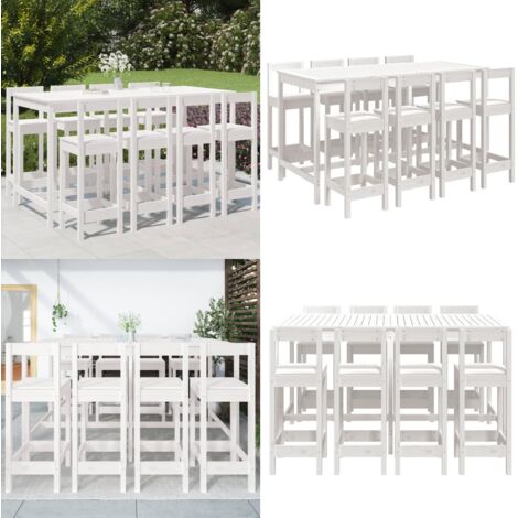 Mesa y taburetes altos jardín 9 pzas madera maciza pino blanco - Jardín - Madera maciza