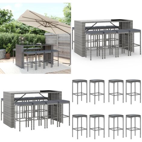 Mesa y taburetes altos jardín 9 pzas y cojines ratán PE gris - Taburete de bar - Cojín de asiento