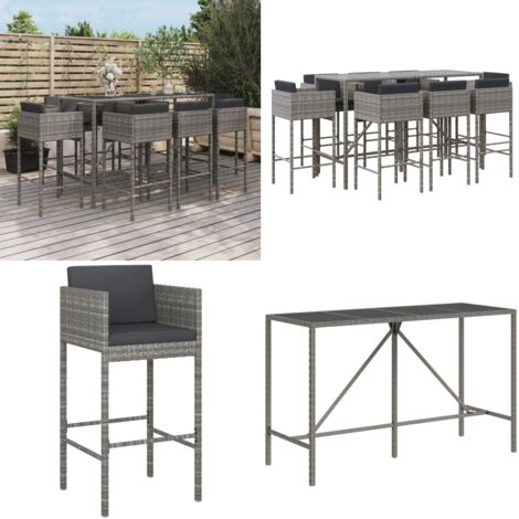 Mesa y taburetes altos jardín 9 pzas y cojines ratán PE gris - Taburete de bar - Cojín de asiento