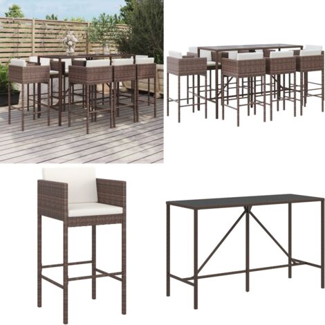 Mesa y taburetes altos jardín 9 pzas y cojines ratán PE marrón - Taburete de bar - Cojín de asiento