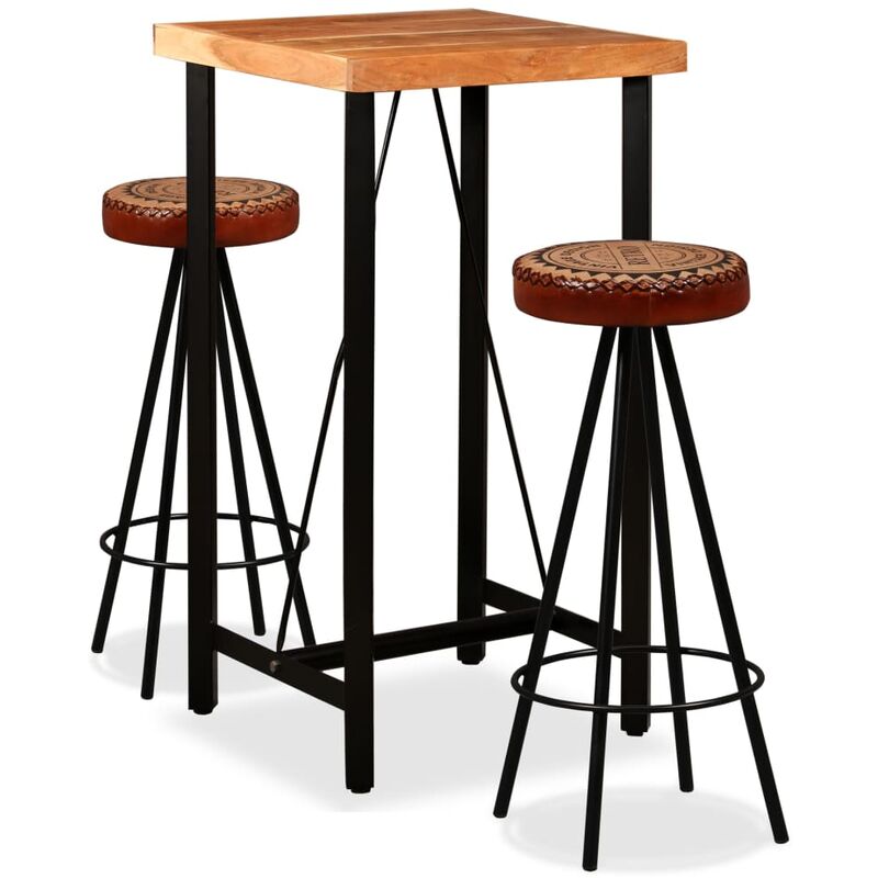 

Mesa y taburetes bar madera maciza acacia cuero real y lona