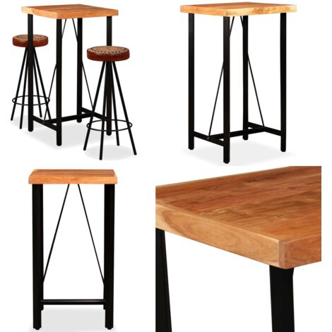 Mesa y taburetes bar madera maciza acacia cuero real y lona - Taburetes de bar - Madera de acacia