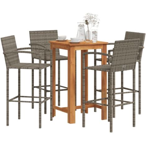 Mesa y taburetes de jardín 5 pzas madera acacia ratán PE gris