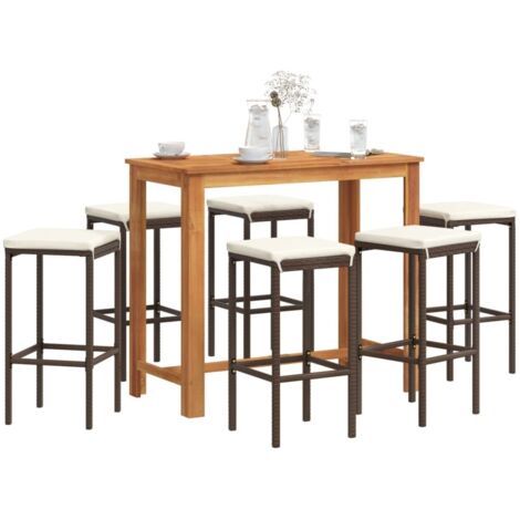 Mesa y taburetes de jardín 7 pzas madera acacia ratán PE marrón
