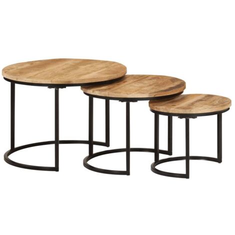 Mesas apilables 3 piezas madera maciza de mango rugosa