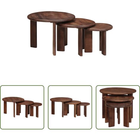 Mesas apilables -  Mesas de Café Nido 3 pcs Marrón Oscuro Madera de mango maciza