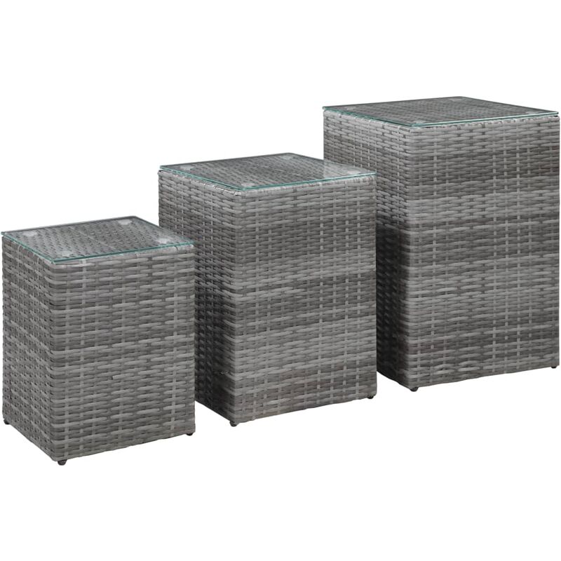 

vidaXL Mesa Auxiliar Superficie Vidrio Ratán Sintético Gris 3 Piezas - Gris