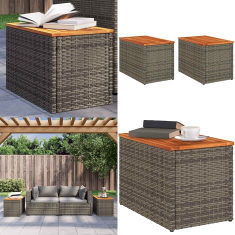 Mesas auxiliares de jardín 2 uds ratán madera gris 55x34x37 cm - Ratán sintético - Madera maciza