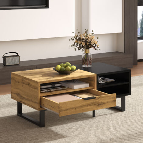 Mesas bajas fijas 100x50x40cm Mesa de centro con 1 cajón, compartimentos de almacenamiento abiertos, aglomerado, negro/natural