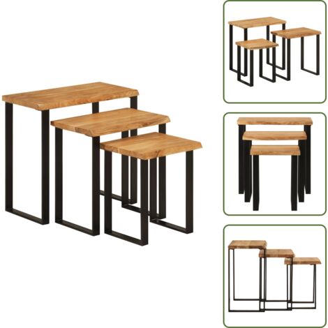 Mesas con patas en U - vidaXL Set de 3 mesas apilables con borde natural madera acacia maciza - Mesas de madera maciza