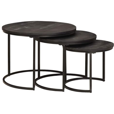 Mesas de Café Nido 3 pcs Negro Madera maciza de mango y acero
