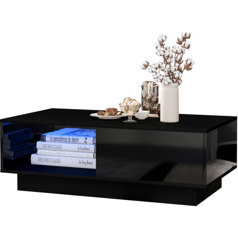 Mesas de centro fijas 95x55x32cm, mesa de centro, 1 cajón, LED, aglomerado, negro