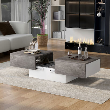 Mesas de centro fijas de 102 x 60 x 40 cm, tablero retráctil con espacio de almacenamiento, mesa de centro rectangular, mesa de centro para salón, aglomerado, gris y blanco