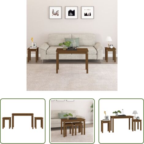 Mesas de madera -  Mesas apilables 3 piezas madera maciza de pino marrón miel