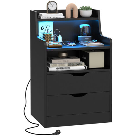 Mesas de Noche LED, 3 Cajones de Almacenamiento, Estación de Carga, 2 Puertos USB,Negro