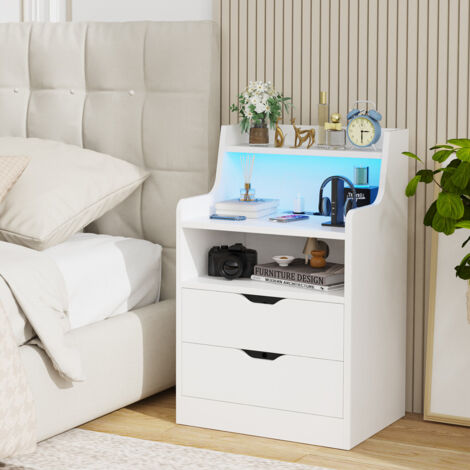 Mesas de Noche LED, Mesa de Noche con 3 Cajones de Almacenamiento, Estación de Carga, 2 Puertos USB,Blanco
