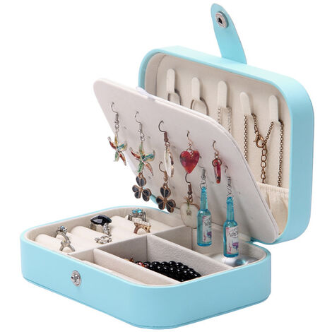 Mesdames En Cuir Mini Boîte à Bijoux, Petite Boîte De Rangement De Bijoux Pour Fille Voyage, Boîte à Bijoux, Double Couche Bleu Coffret Cadeau Armoire à Bijoux
