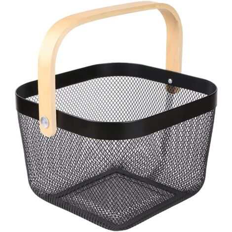 Mesh Steel Storage Organizer Basket Fruit Basket Bin with Wood Handle Ideal for Kitchen Bathroom Picnic Baskets Pantry Cabinets Storage Home Decor (Black)