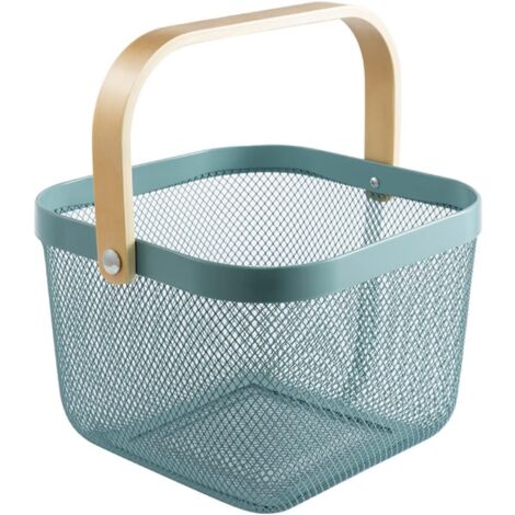 Mesh Steel Storage Organizer Basket Fruit Basket Bin with Wood Handle Ideal for Kitchen Bathroom Picnic Baskets Pantry Cabinets Storage Home Decor (Light Blue)