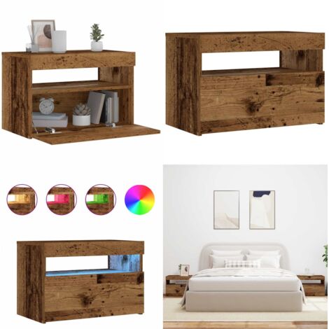 Mesilla de noche con luces LED madera vieja 60x35x40 cm - Mesita de noche con luces rgb - Mesita de noche madera envejecida