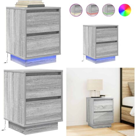 Mesilla de noche con luces LED Sonoma gris 38x34x50 cm - Mesita de noche gris - Mesita de noche con luz RGB
