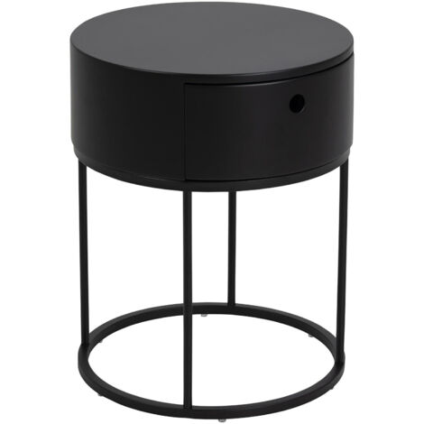 Mesilla de noche Polo, negra, metal MDF, redonda, con cajón