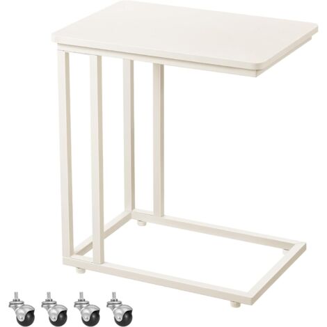 Mesita auxiliar, mesa de centro para sofá, mesa móvil con estructura de acero y ruedas, fácil de montar, estilo moderno, ideal para salón, dormitorio, balcón, color blanco crema.