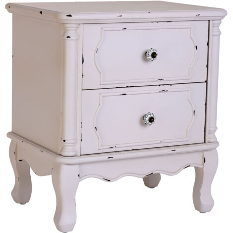 Mesita de madera blanco envejecido de 2 cajones 50x36x55h cm