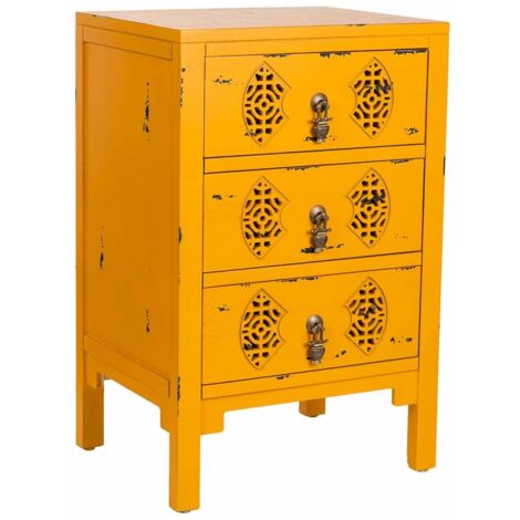 Mesita de madera con 3 cajones amarillo 45x36x70