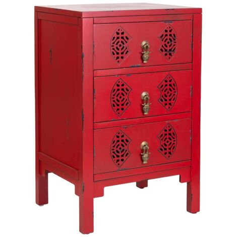 Mesita de madera con 3 cajones rojo 45x36x70