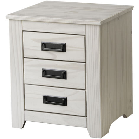 Mesita de madera de madera maciza de 3 cajones. Acabada en blanco lavado. (Alto 50 cm/Ancho 45 cm/Fondo 38 cm)