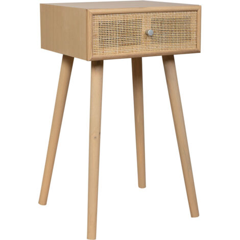 Mesita de madera y rejilla de rattan de 1 cajon marrón 40x36x70h cm