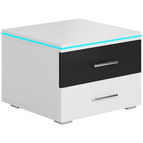 LETTIEMOBILI Mesita de noche 2 cajones con LED Mesilla de Noche Dormitiorio Habitación 50x36,5x45cm Modelo Paulina Blanco con Negro Acabado en Brillo