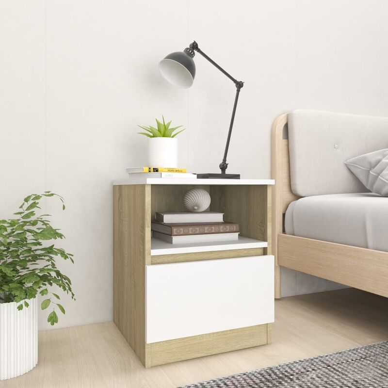 

Mesita de noche 2 uds aglomerado blanco roble Sonoma 40x40x50cm