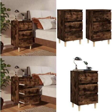 Mesita de noche 2 uds patas de madera roble ahumado 40x35x69 cm - Mesita de noche con cajones - Mesita de noche de madera