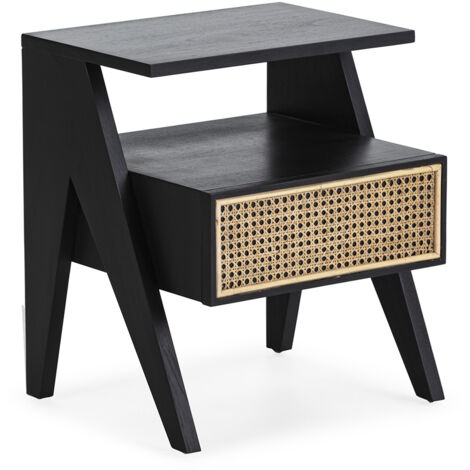 Mesita De Noche 45X38X49 Madera Negro/Ratan Natural