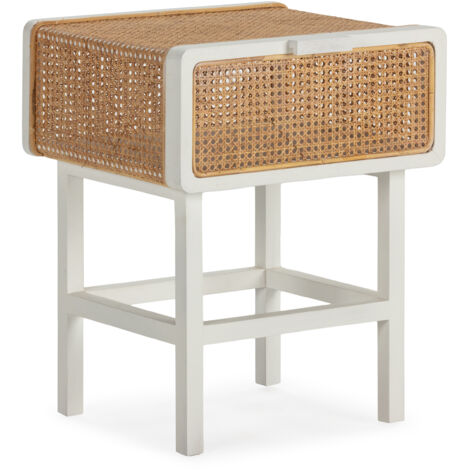 Mesita De Noche 48X43X61 Madera Blanco/Ratan Natural