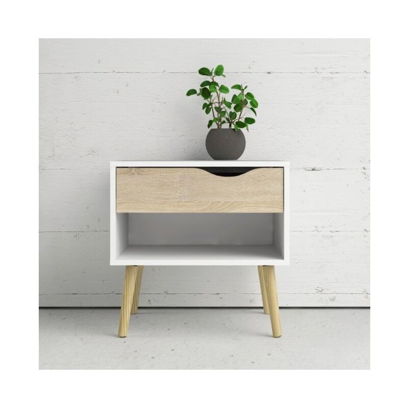 

Caesaroo - Mesita de noche 50x39 cm Blanco mate y roble con cajón y compartimento | roble y blanco