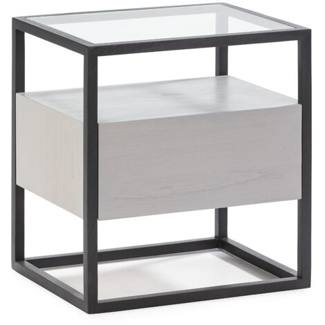 Mesita De Noche 50X40X55 Cristal/Madera Negro/Patina Gris
