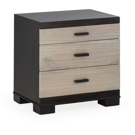 Mesita De Noche 55X40X55 Madera Negro/Natural Patina Gris/Metal Negro 3 Cajones