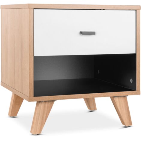 Mesita de noche con 1 cajon y 1 estante abierto, mesa auxiliar para dormitorio o sala de estar, mesilla de madera, estilo nordico, moderno y minimalista, ideal para cama o habitacion, color haya y bla